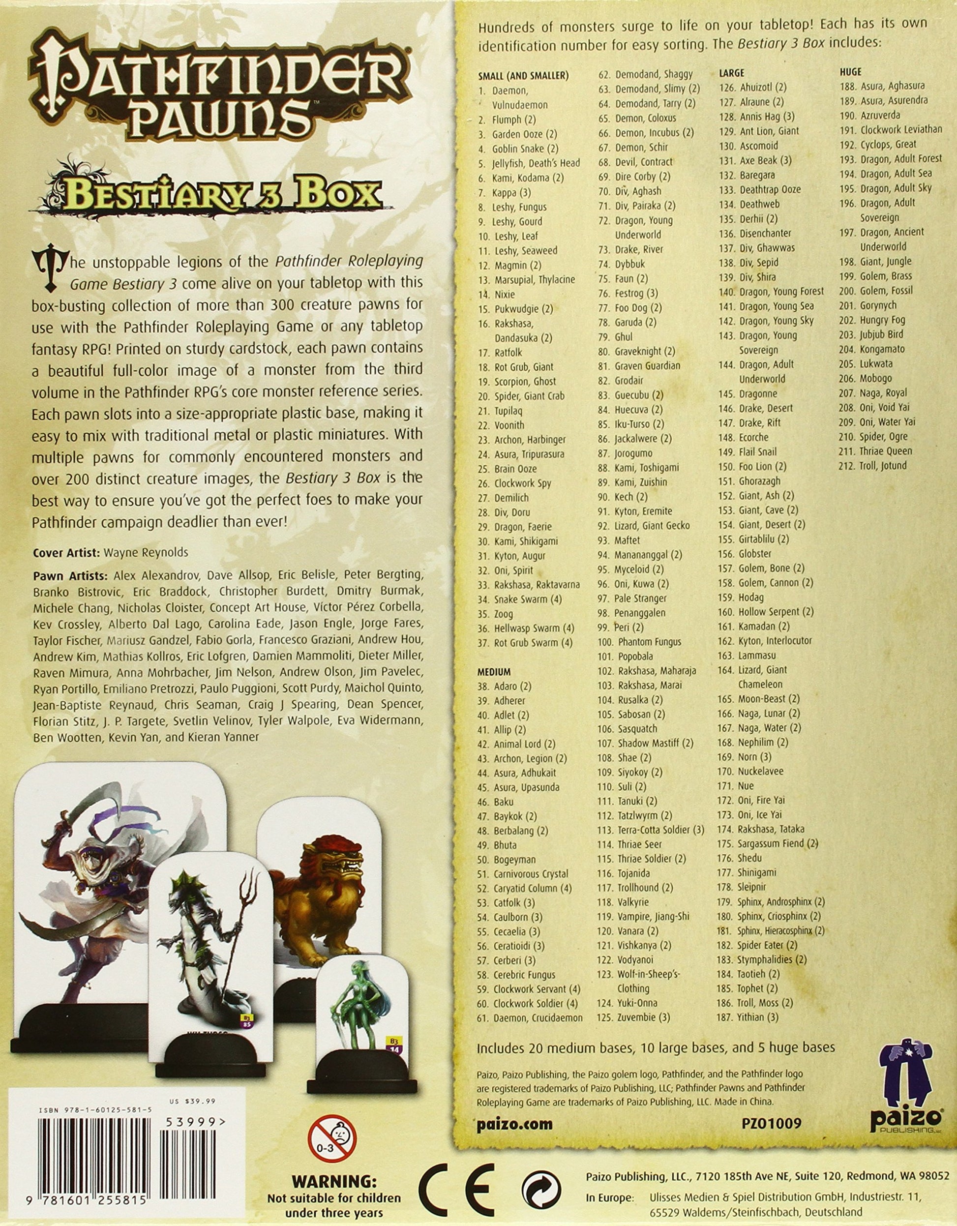 Front of Pathfinder Pawns Bestiary 3 Box, featuring creature pawns, product description, and extensive monster list.