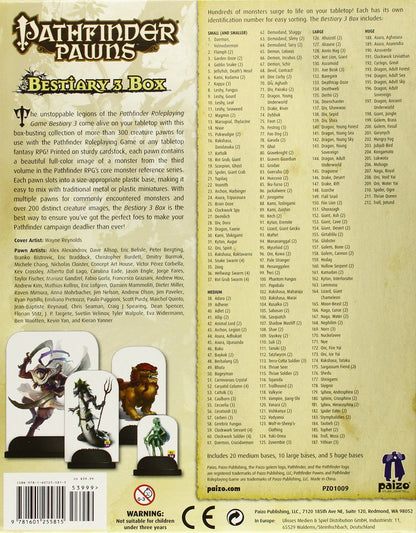 Front of Pathfinder Pawns Bestiary 3 Box, featuring creature pawns, product description, and extensive monster list.