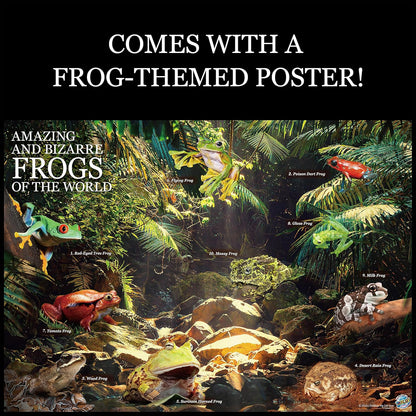 Promotional poster image titled "Amazing and Bizarre Frogs of the World," showing ten colorful, labelled frog species