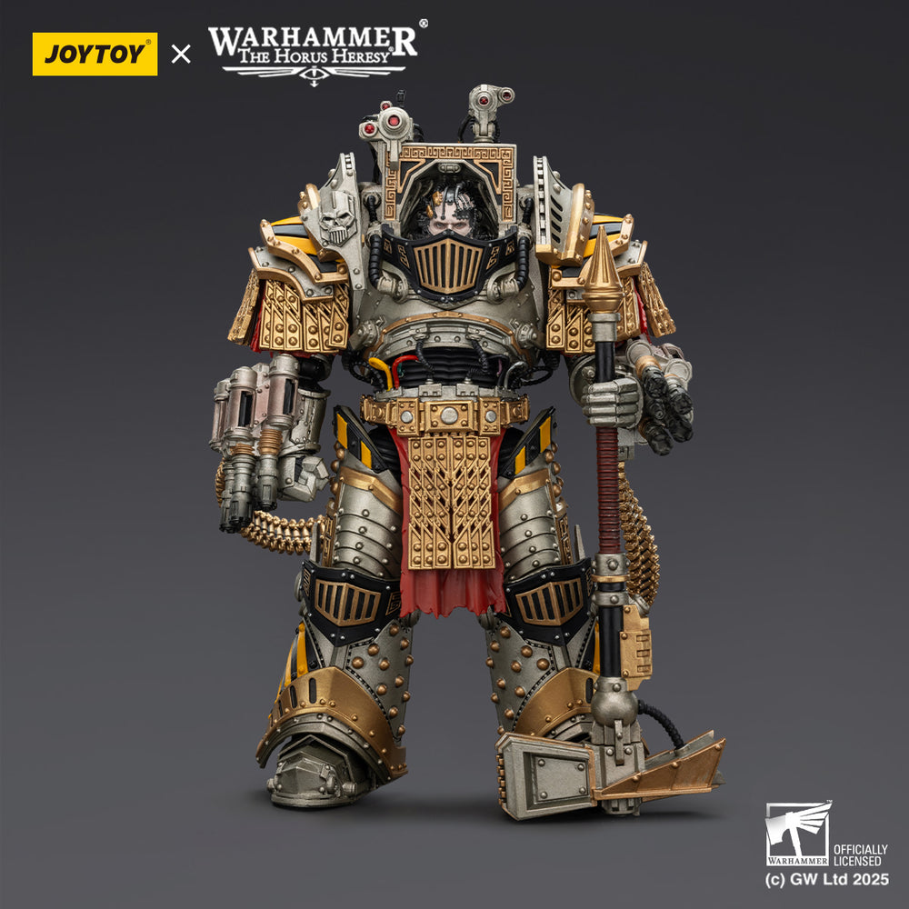 An ornate silver and gold Warhammer Space Marine action figure, heavily armored, holding a large hammer and arm-mounted gun