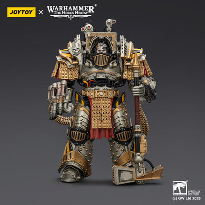 An ornate silver and gold Warhammer Space Marine action figure, heavily armored, holding a large hammer and arm-mounted gun