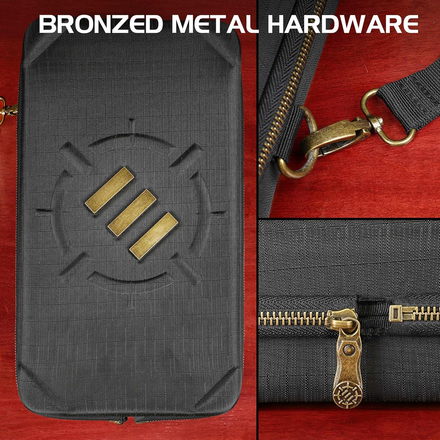 Black textured case with bronzed 3-bar logo