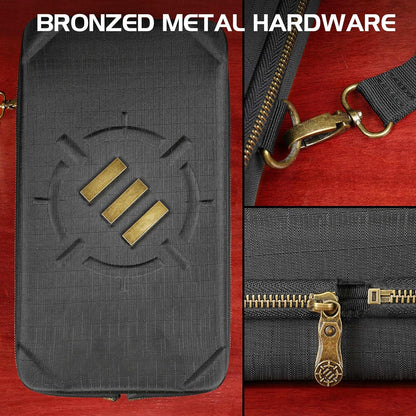 Black textured case with bronzed 3-bar logo