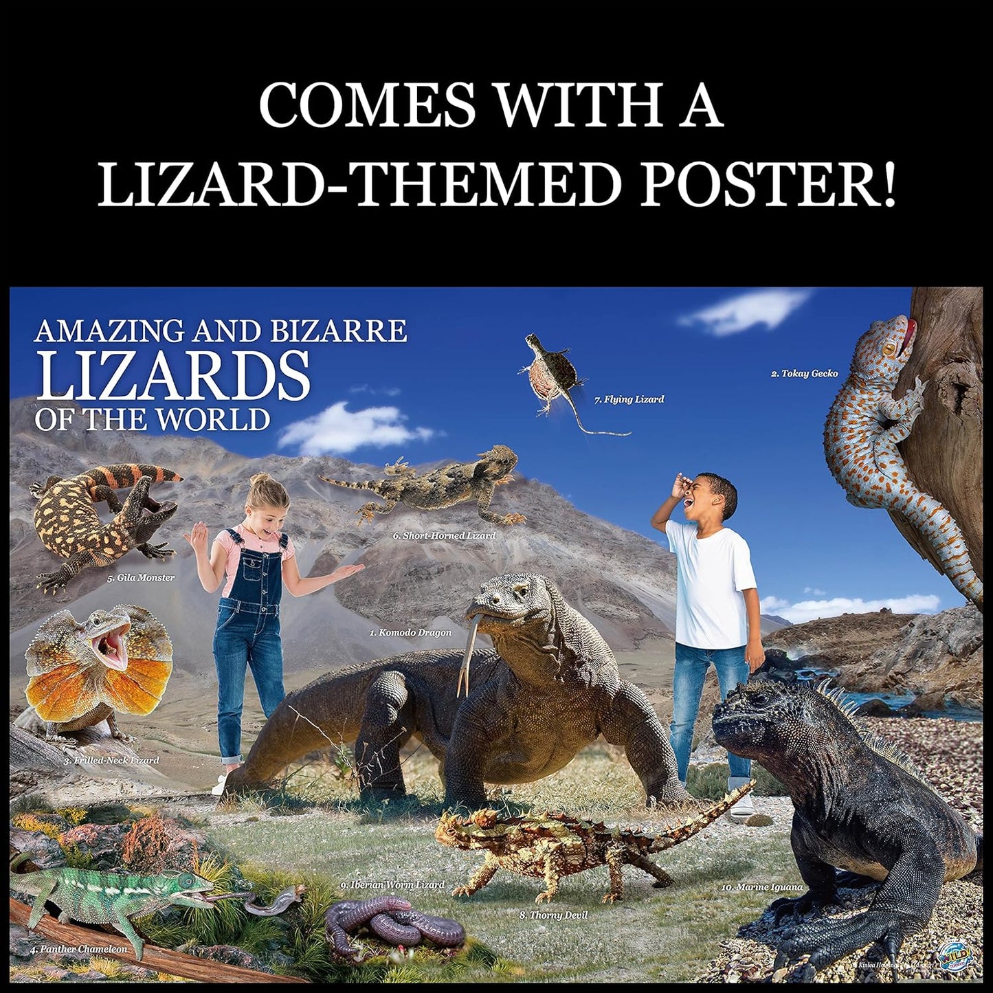 Lizards of the World poster featuring a Komodo dragon, diverse reptiles, and two children dwarfed by the animals