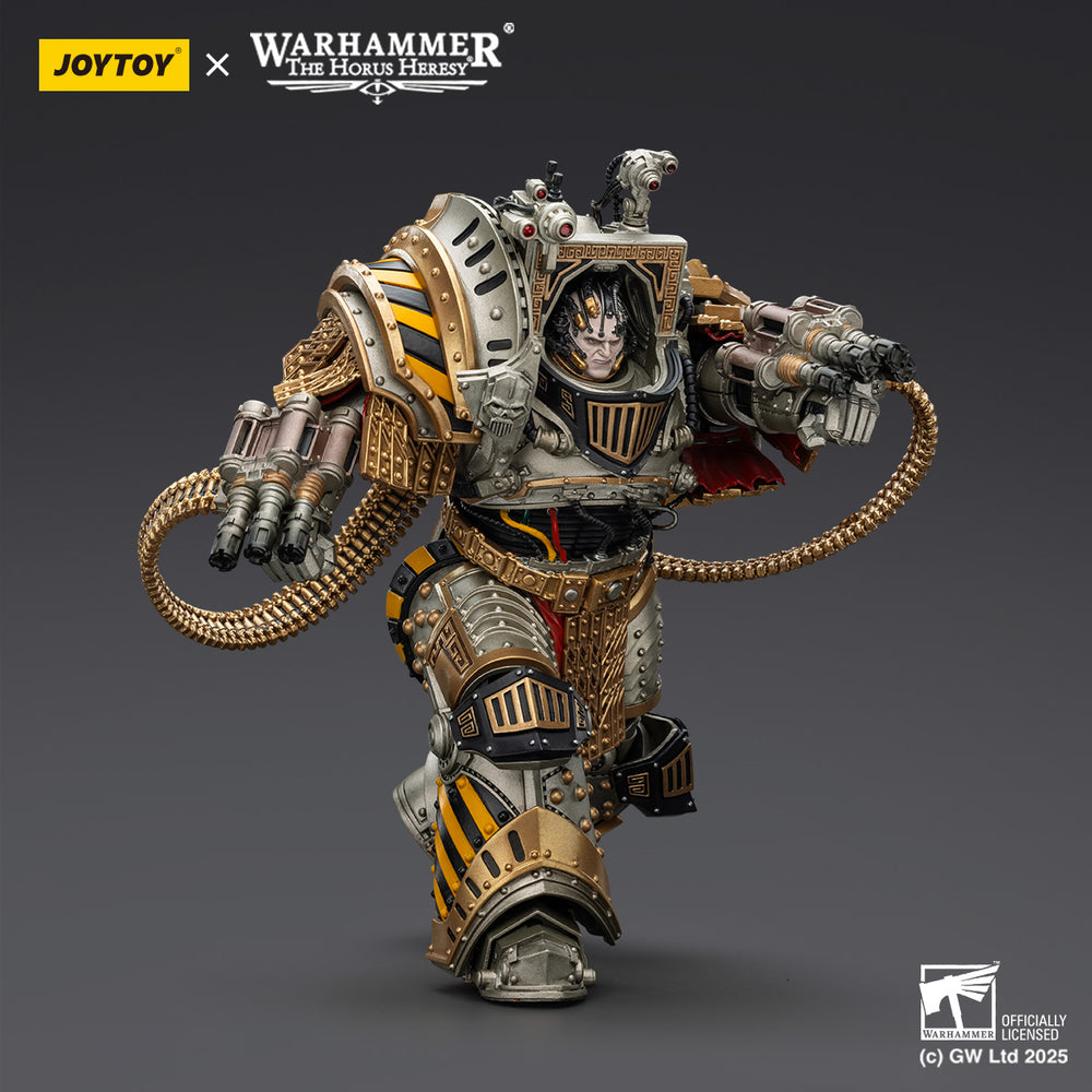 Joytoy Warhammer figure: An Iron Warriors character in heavy Terminator armor strides forward, armed with twin chain-fed weapons