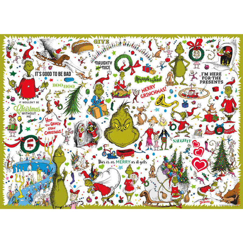 Grinch Christmas scene with Grinch in Santa hat, Whos, Christmas tree, &amp; Presents