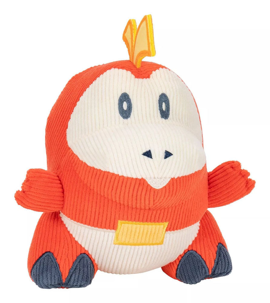 Orange and white corduroy Fuecoco Pokemon plush toy with a yellow head tuft