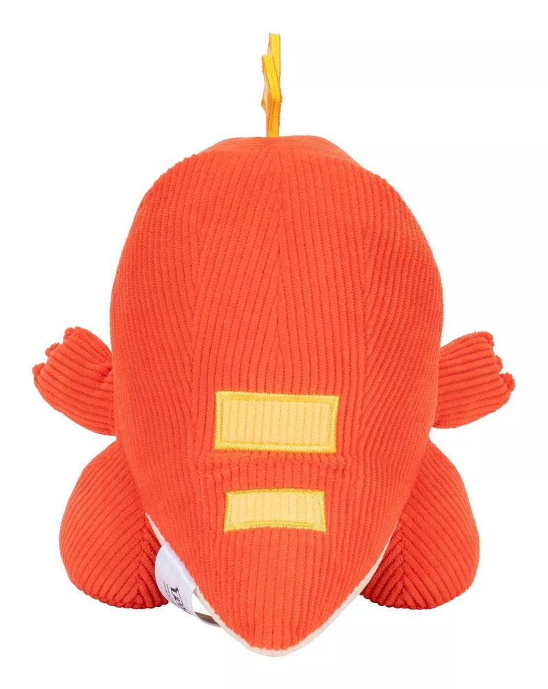 Orange corduroy Fuecoco Pokemon plush with yellow markings and a flame tuft