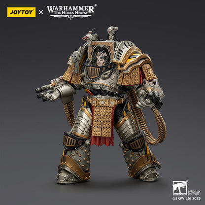 A detailed JoyToy Warhammer Contemptor Dreadnought figure: silver and gold armored, with visible pilot and heavy weapons