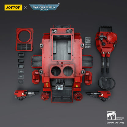 Disassembled red Warhammer 40K vehicle kit by Joytoy, with parts laid out for assembly