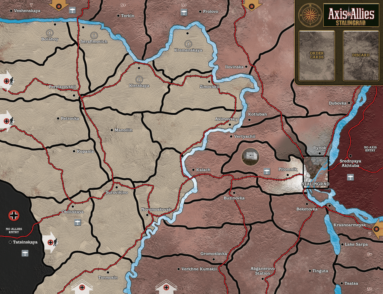 Axis & Allies Stalingrad board game map showing the Soviet Steppe, the Volga River, and tactical areas around Stalingrad city, featuring railroads and unit markers