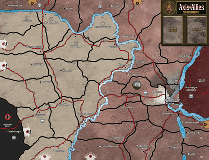 Axis & Allies Stalingrad board game map showing the Soviet Steppe, the Volga River, and tactical areas around Stalingrad city, featuring railroads and unit markers