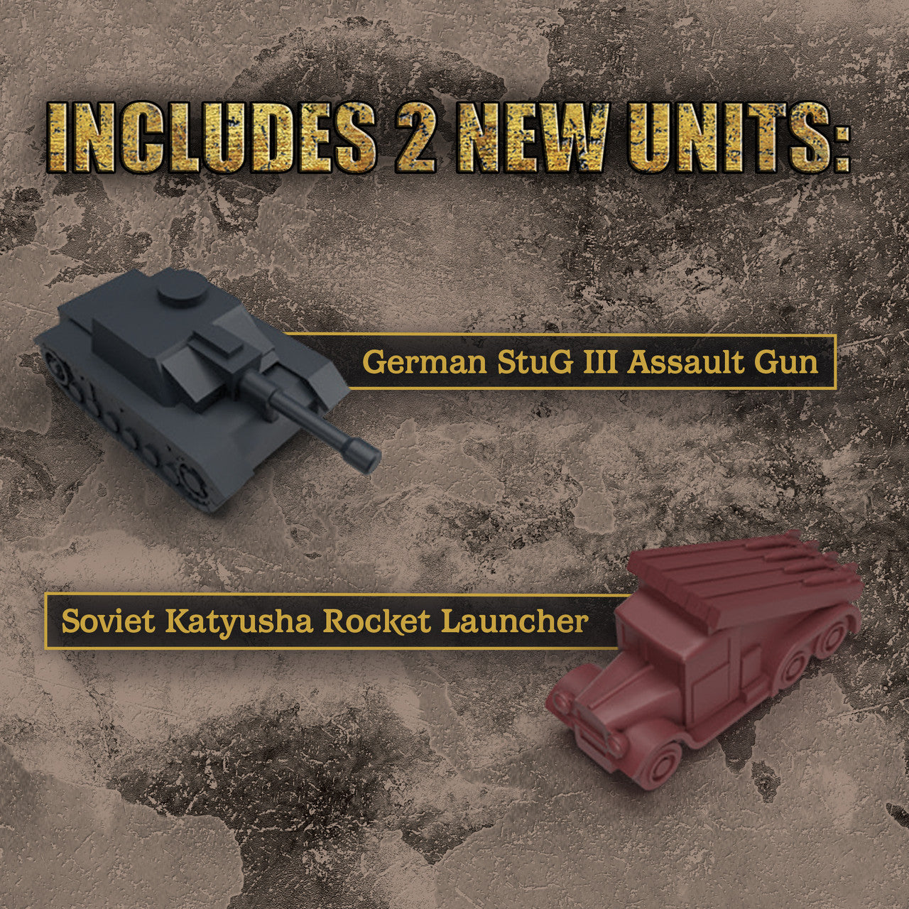 German StuG III Assault Gun and Soviet Katyusha Rocket Launcher miniatures, 2 new units
