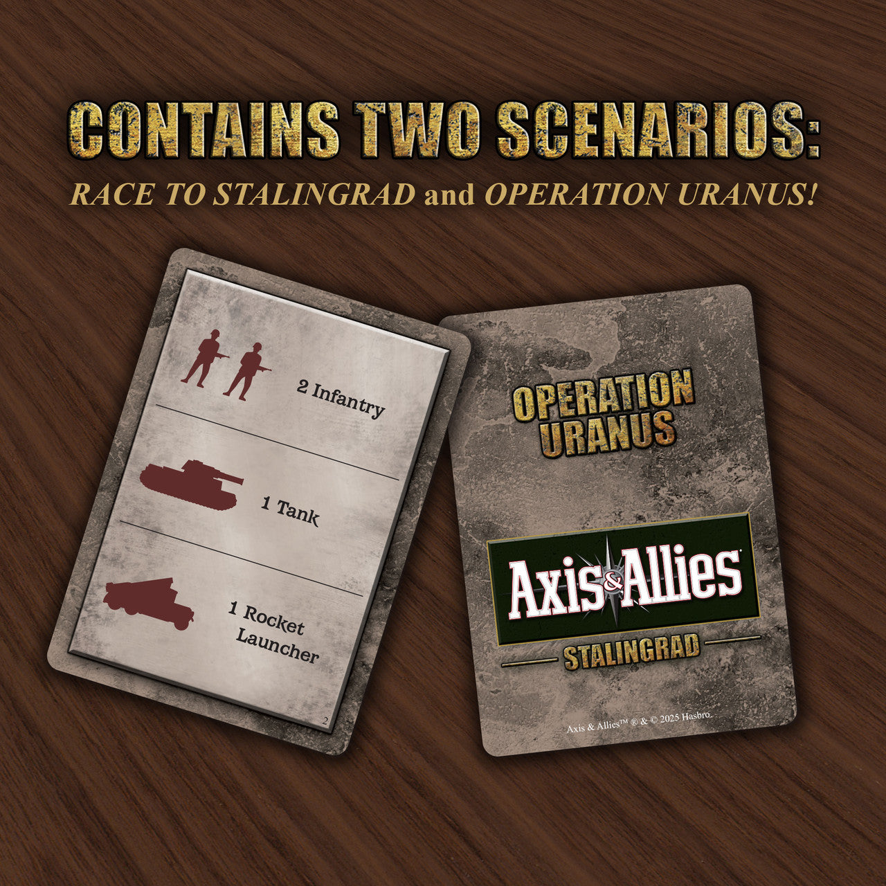 Axis & Allies: Stalingrad game cards detailing units (Infantry, Tank, Rocket Launcher) and the Operation Uranus scenario title