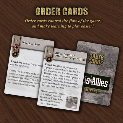 Two face-up Order Cards (Weather Roll, Allies Counter-Offensive Preparation) and one deck back from Axis & Allies Stalingrad on a wood background