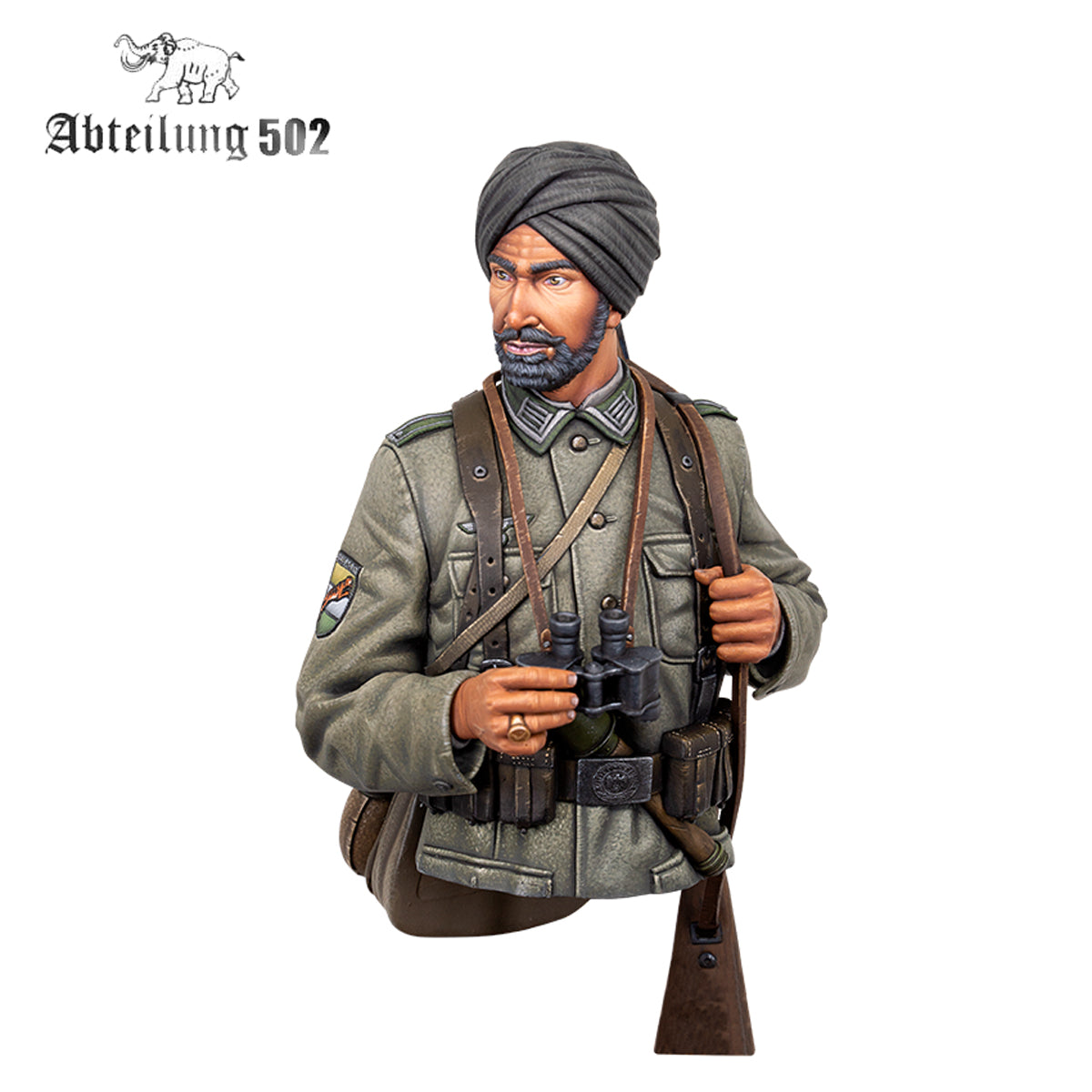 A Freies Indien Legion 1/10 scale figure bust of a turbaned, bearded soldier in uniform holding binoculars