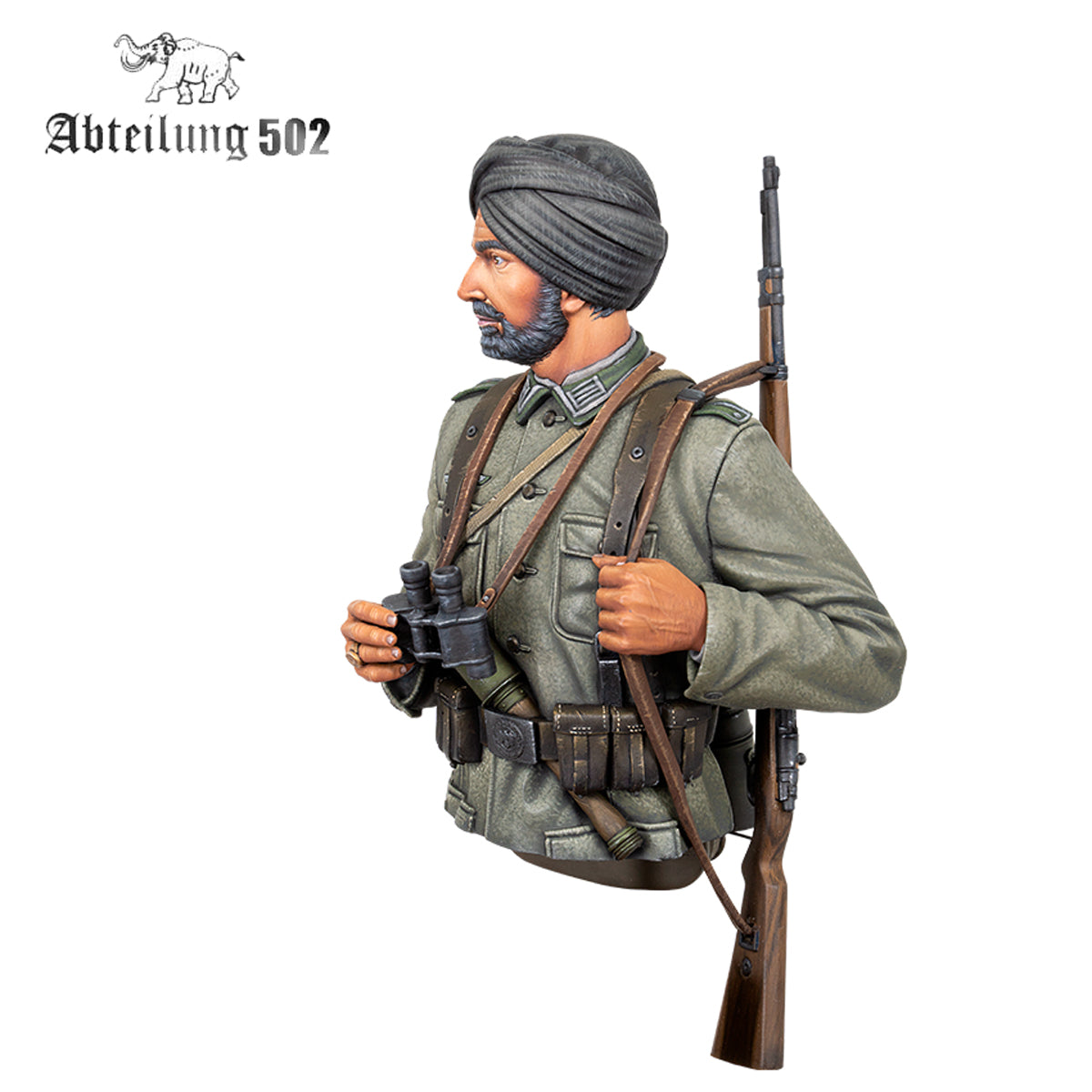 A 1:10 scale figure bust of a soldier in a turban and military uniform, holding binoculars and carrying a rifle
