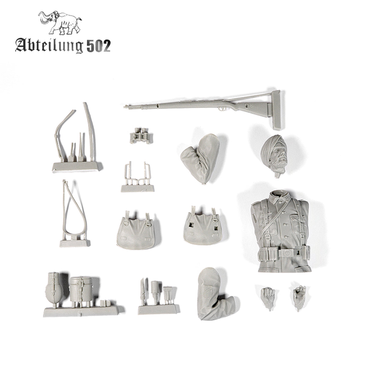 Unpainted grey resin parts for a Freies Indien Legion 1_10 scale figure model kit, including a rifle, head with turban, torso, arms, and equipment