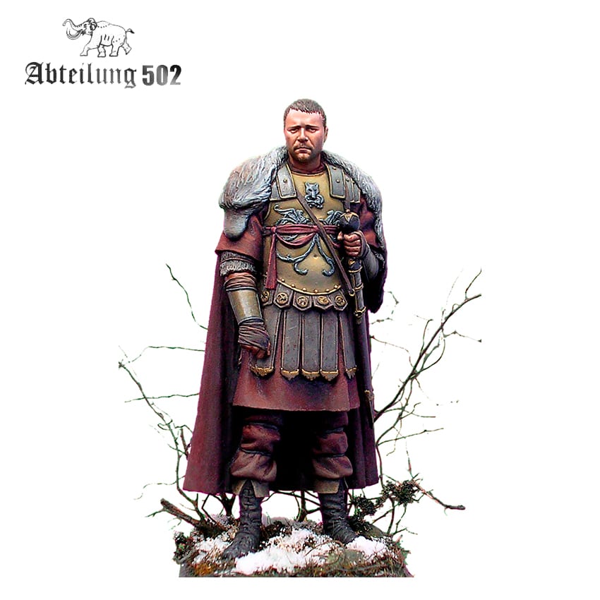 A miniature of a Roman general in ornate armor with a fur-lined cloak, holding a staff, on a snowy base