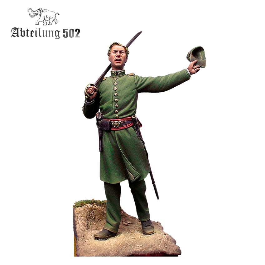 A 54mm 5th Georgia Infantry Clinch Rifles 1861 figure in a green uniform holds a sword over his shoulder and a hat in his raised hand on a terrain base