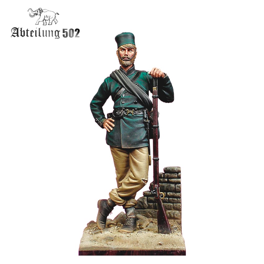 AK Interactive Historical Resins Rifle Brigade Sevastopol 1855 Figure shows a bearded soldier in green uniform with a rifle leaning on a stone wall