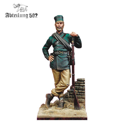 AK Interactive Historical Resins Rifle Brigade Sevastopol 1855 Figure shows a bearded soldier in green uniform with a rifle leaning on a stone wall