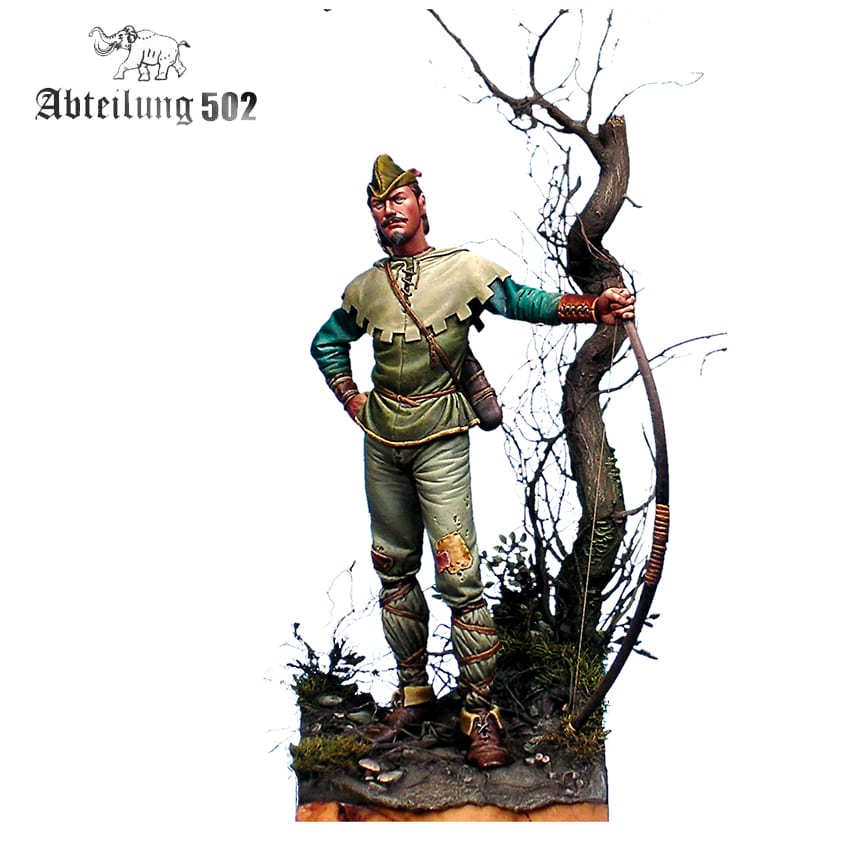 A painted Robin Hood Sherwood Forest Figure in green and brown, holding a bow and standing on a detailed forest-like base