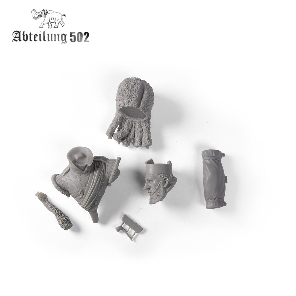 Unpainted grey resin model kit components for a historical figure, including a bust, bearded head, fur hat, and arms