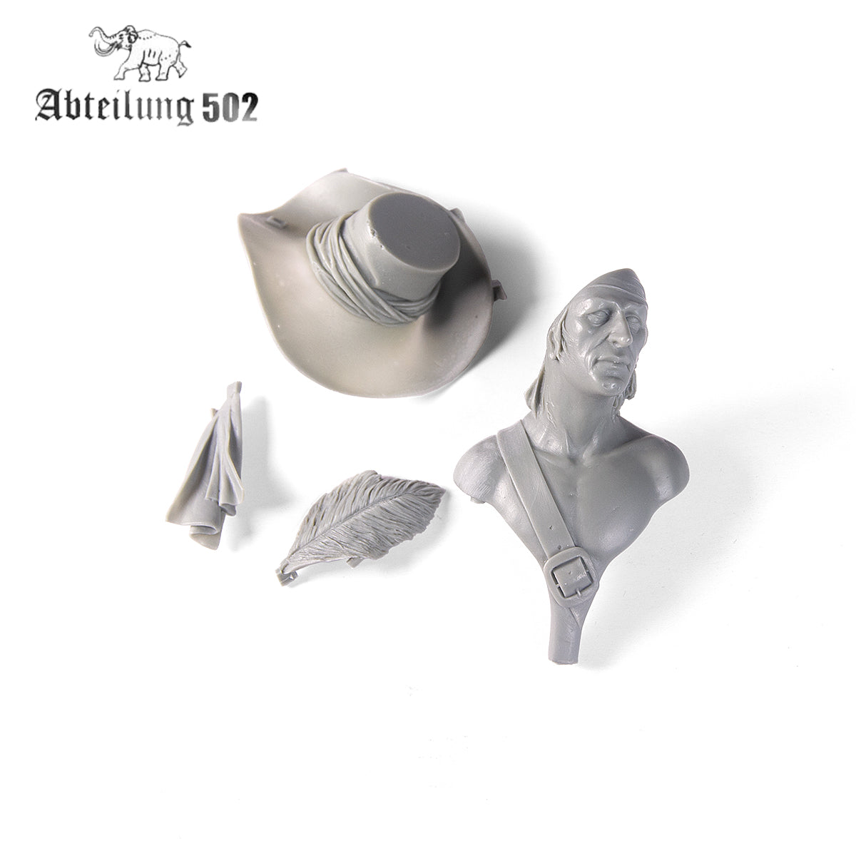 Unpainted gray model kit for a male figure, including bust with headscarf, hat, feather, and draped fabric