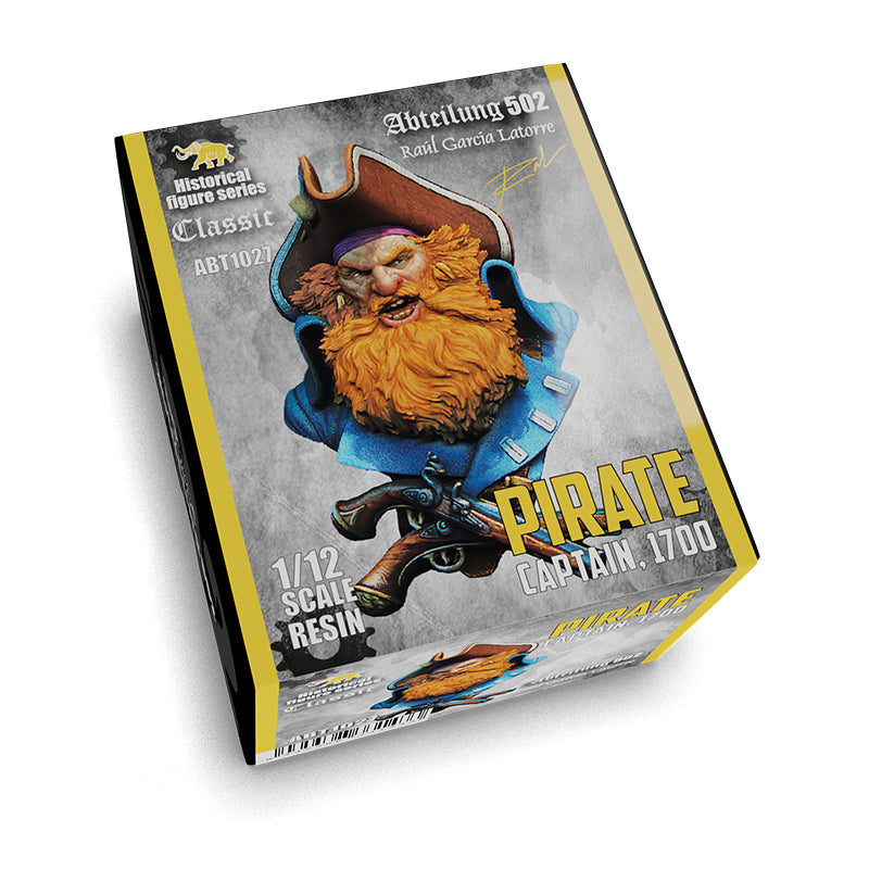 Pirate model kit box with a roaring, orange-bearded pirate bust in a blue coat and crossed pistols