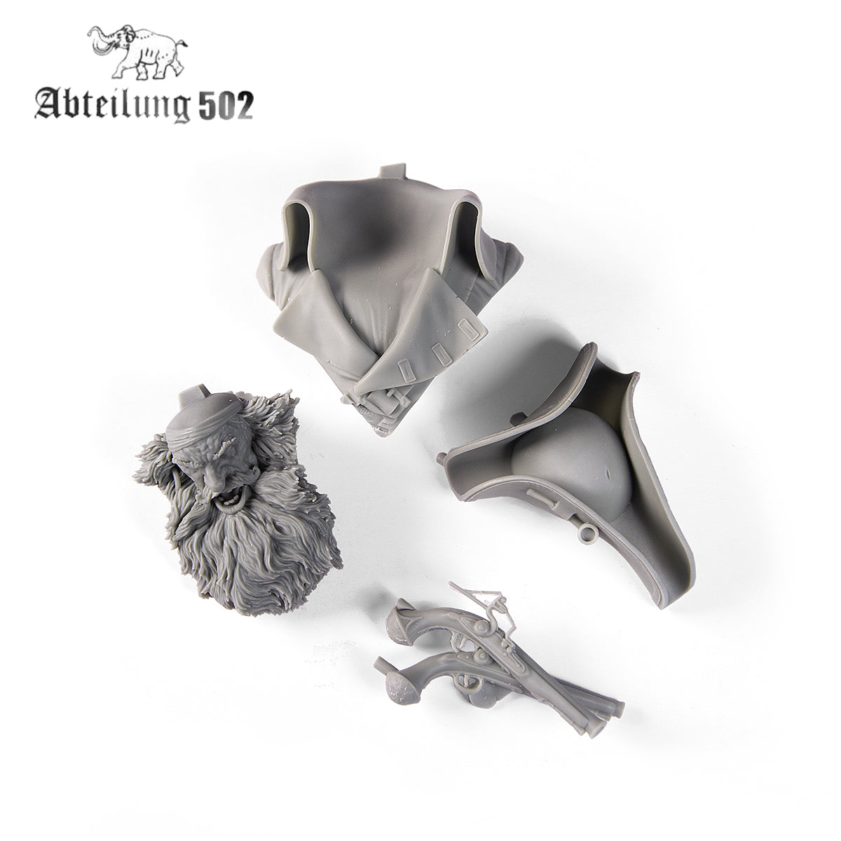 Unassembled gray model kit parts for a detailed pirate bust: bearded head, coat, tricorn hat, 2 flintlock pistols