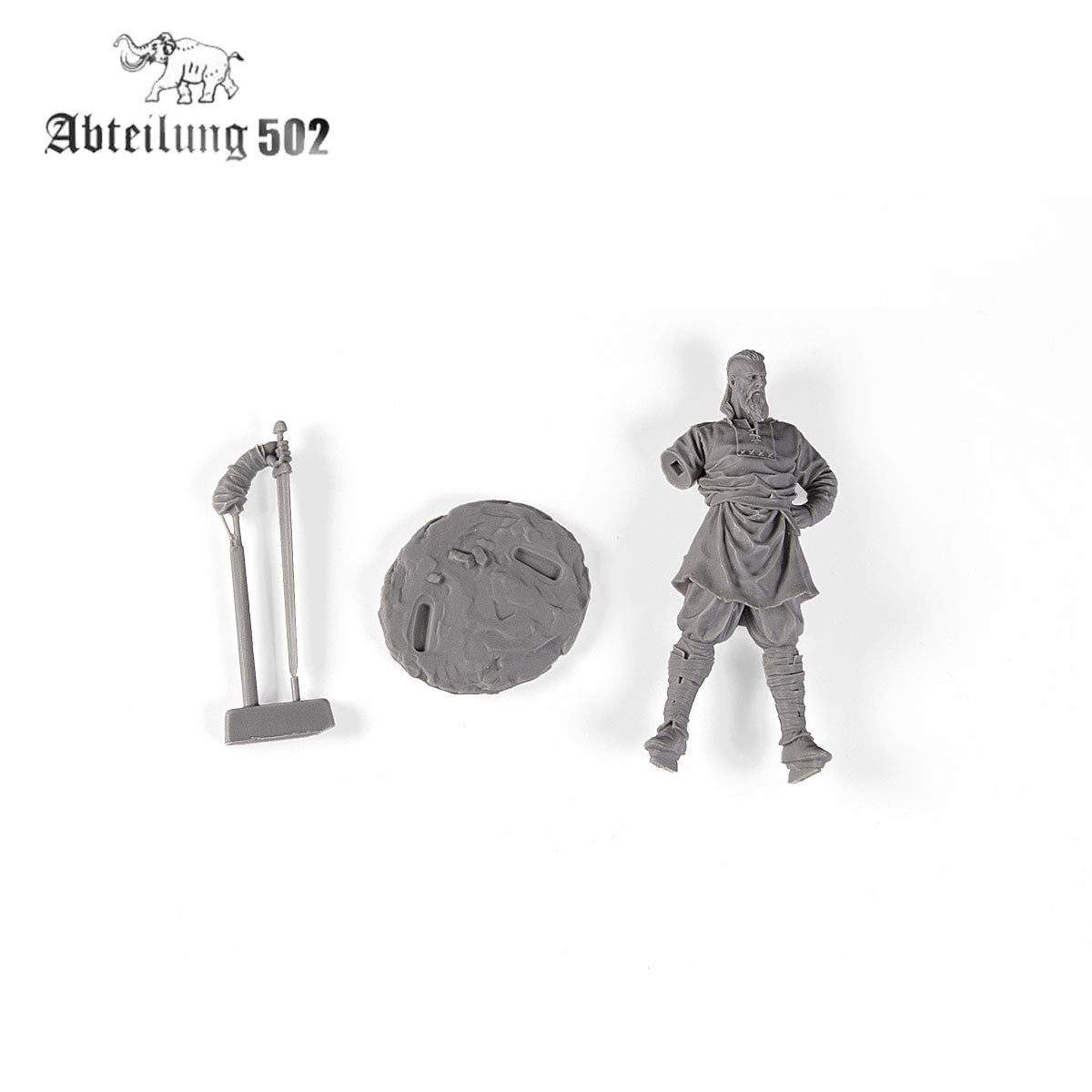 Gray resin AK Interactive Historical Resins Ubbe The Great Pagan Figure 54mm kit showing a bearded warrior, a textured base, and a spear