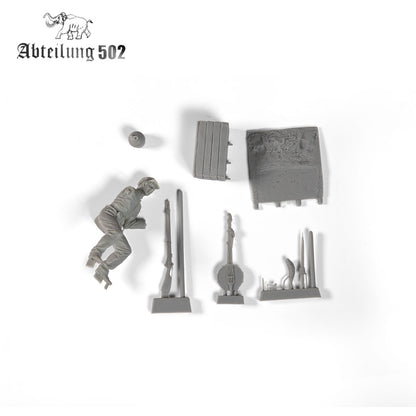 Unpainted gray resin parts for an Alabama Volunteers 1861 figure, including a soldier, rifle, banjo, two wall sections, and other accessories