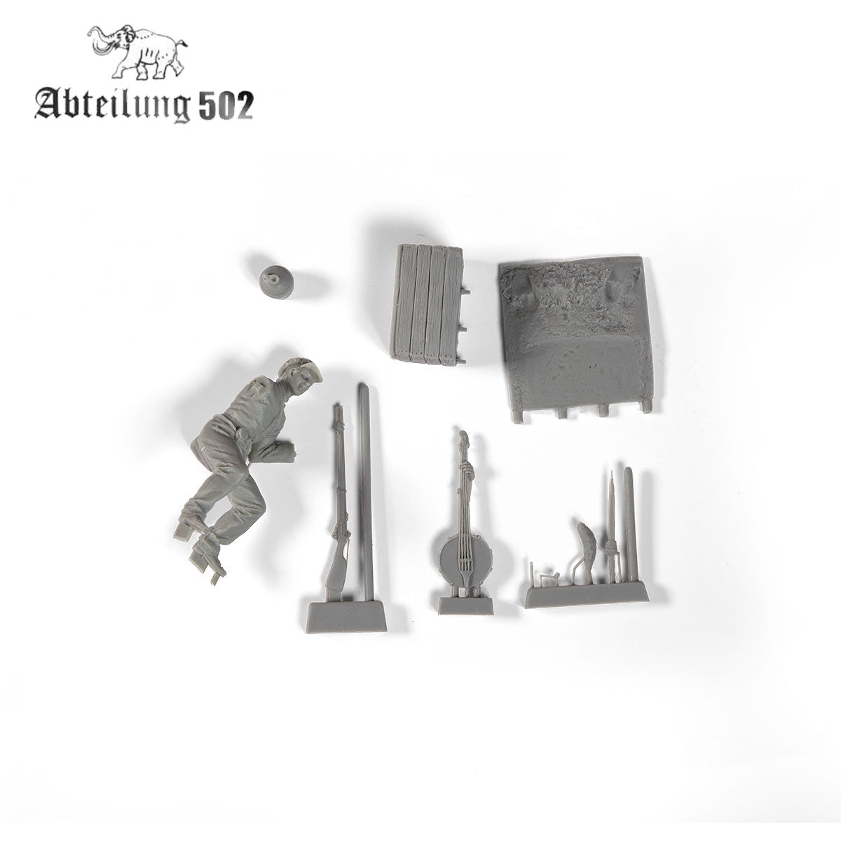 Unpainted grey resin model kit parts for Alabama Volunteers 1861, including a figure, rifle, banjo, fence, and other accessories