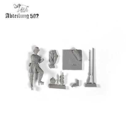 A grey plastic model kit for an AK Interactive Historical Resins Claiborne Guards Alabama Volunteers 1861 Figure, showing soldier parts, rifle, and accessories