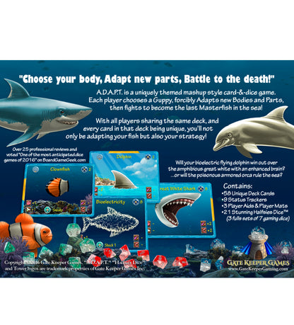 Underwater ad for A.D.A.P.T. game featuring a shark, dolphin, game cards (Clownfish, Great White Shark), and dice.