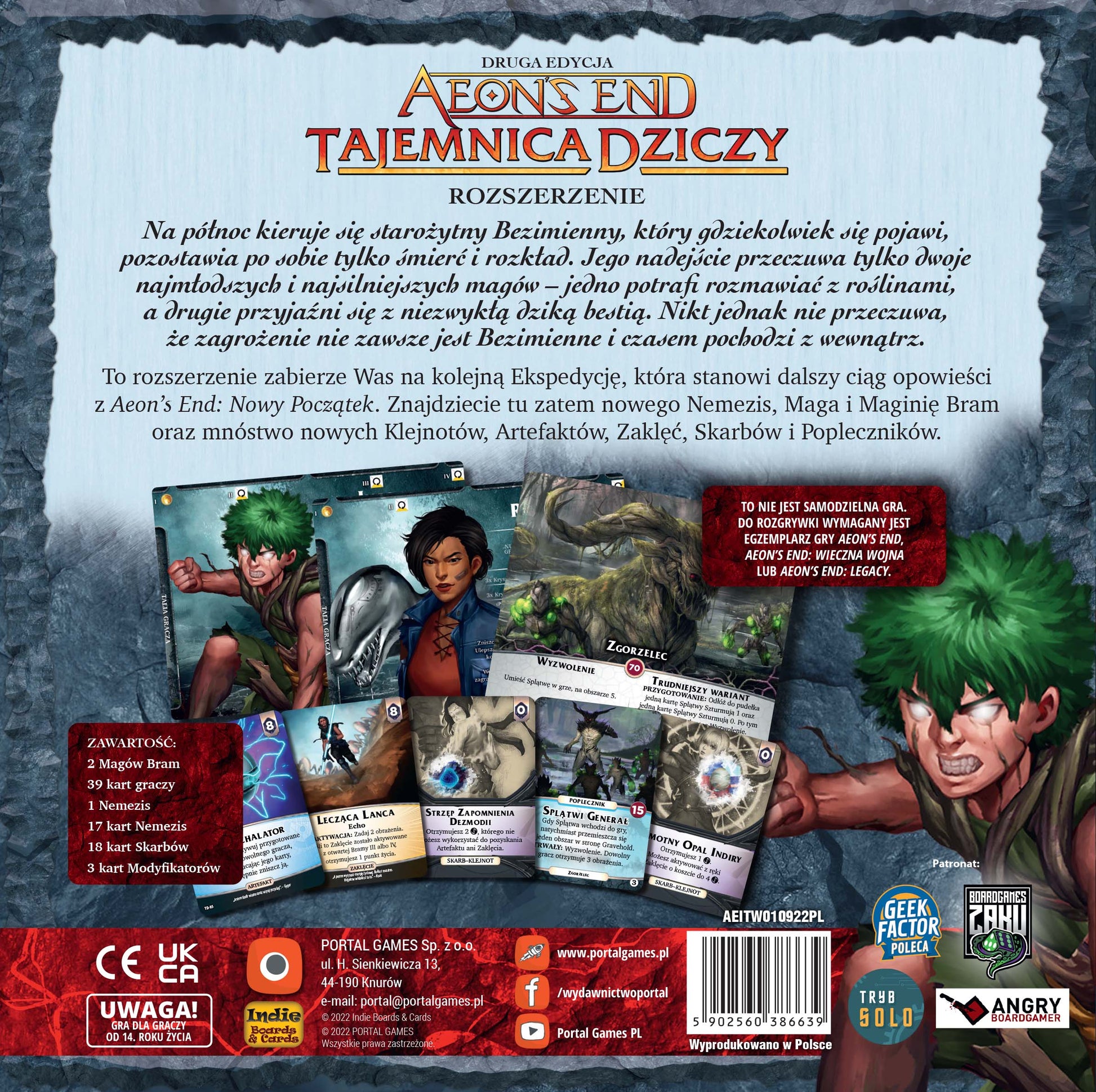 Aeon's End: Tajemnica Dziczy board game expansion box, featuring an angry green-haired character with glowing eyes and game cards