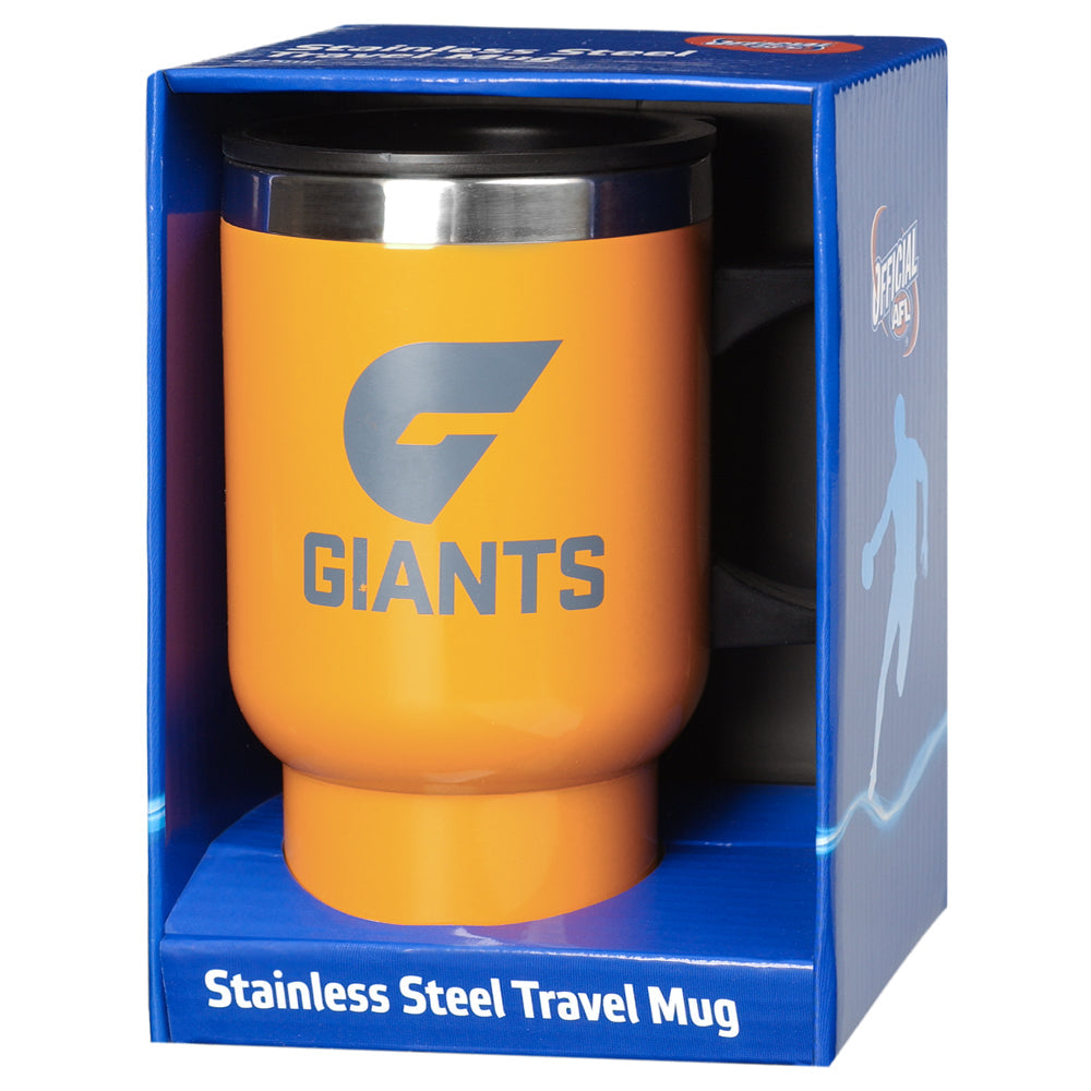 Front view of AFL Greater Western Sydney Giants travel coffee mug with handle featuring team logo and vibrant design