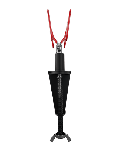 A black and red fishing rod holder with two curved red arms and a threaded base