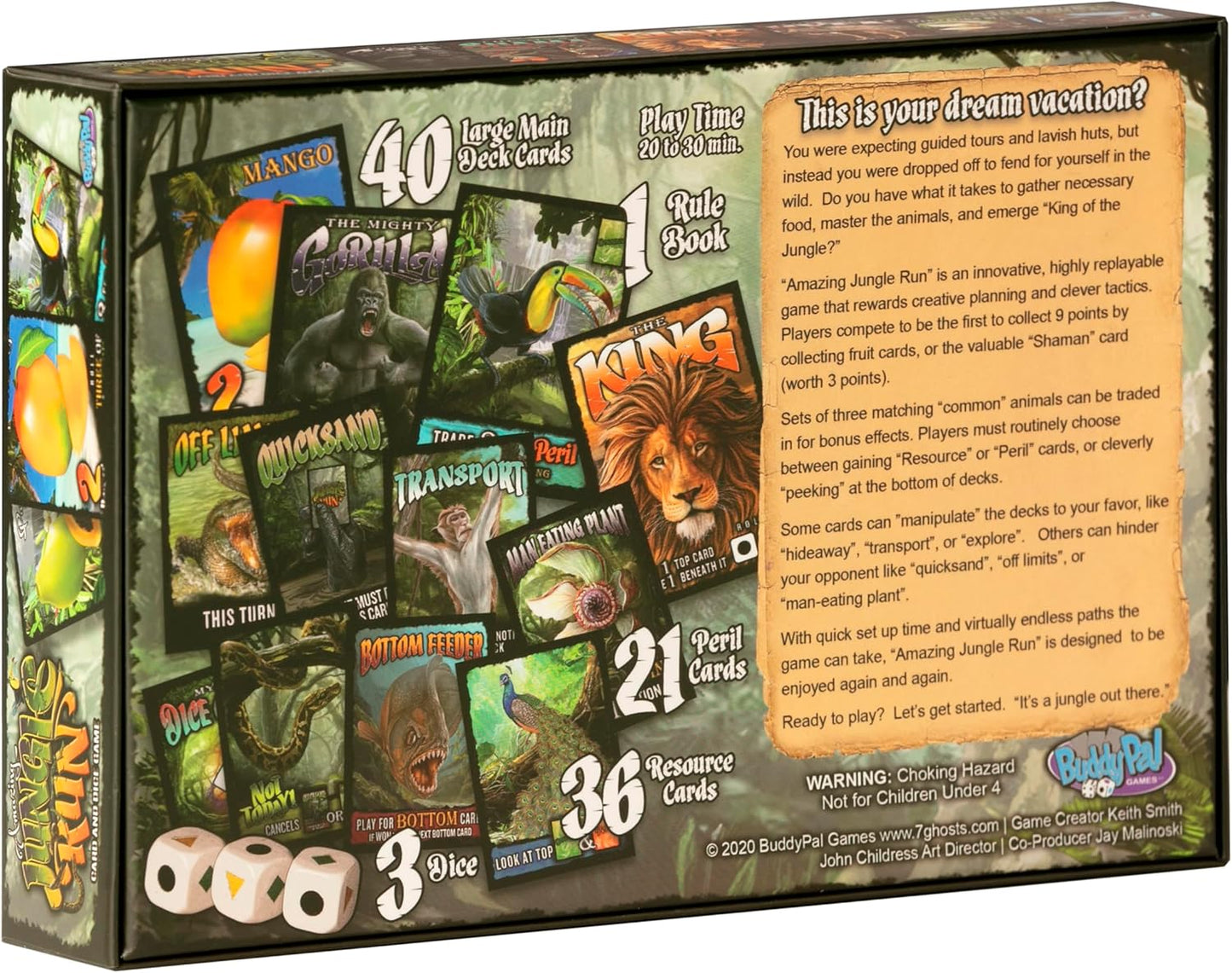 Back of the Amazing Jungle Run game box displaying gameplay overview, components list, and colorful in-play illustrations