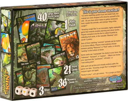 Back of the Amazing Jungle Run game box displaying gameplay overview, components list, and colorful in-play illustrations