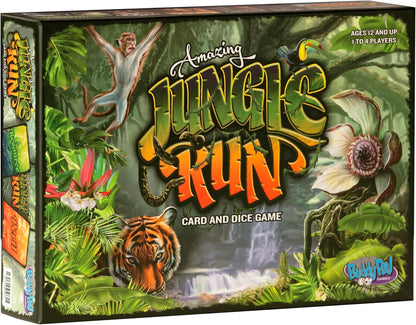 Front of the Amazing Jungle Run box featuring vibrant cartoon jungle creatures and the game’s logo in bold lettering