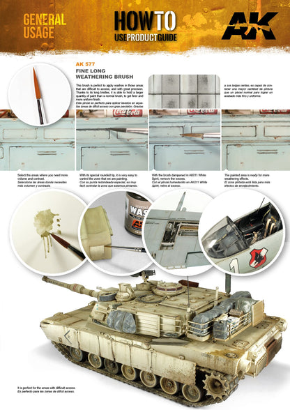 AK 577 weathering brush product guide, demonstrating use on model parts and a weathered tank model