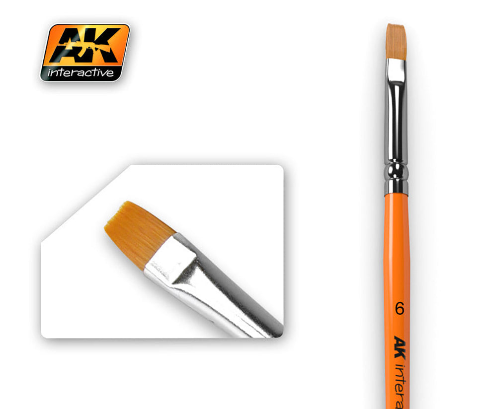 AK Interactive orange flat paint brush, size 6, with tan bristles and silver ferrule