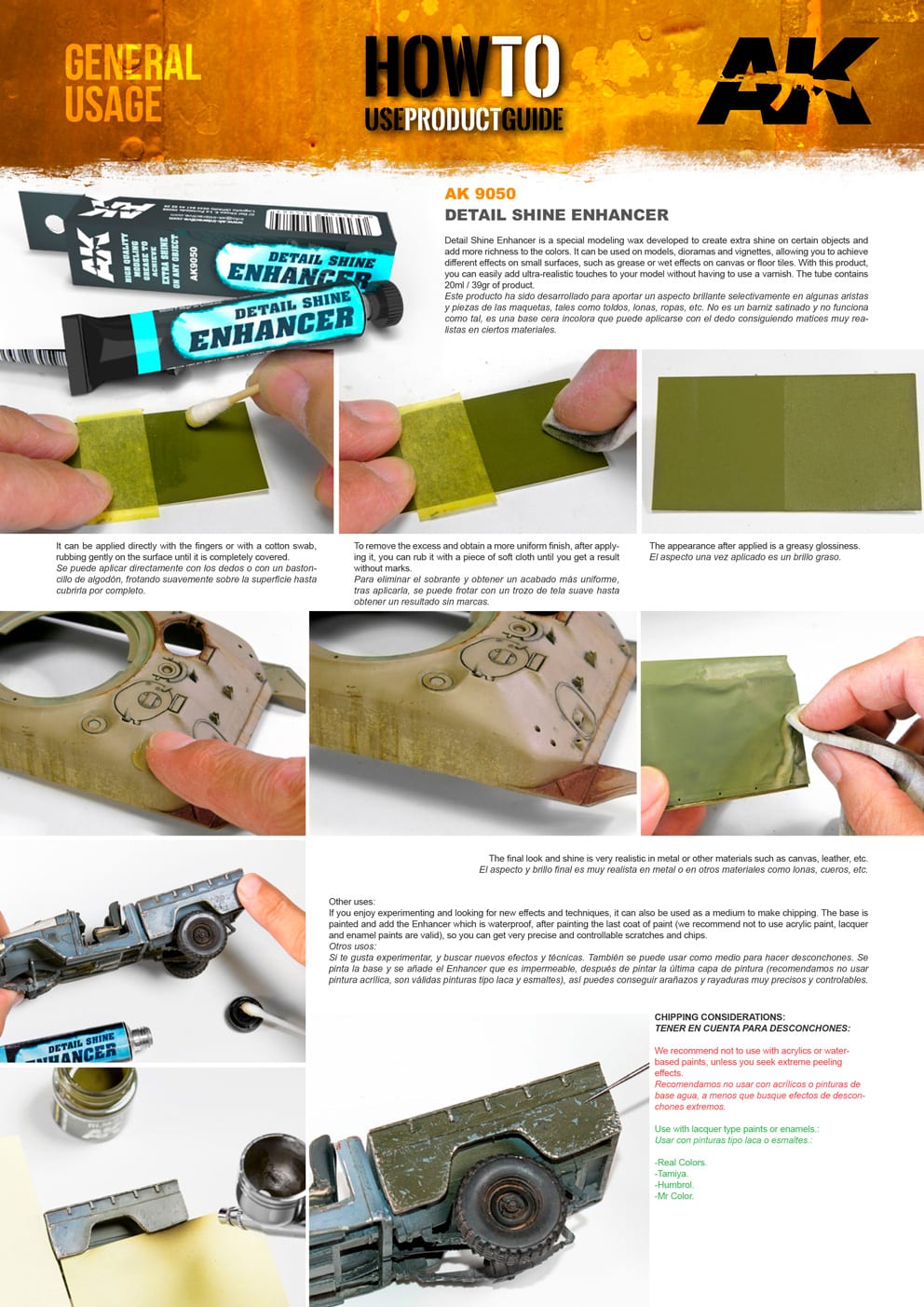 Hands apply AK Shine Enhancer to model parts and swatches, demonstrating a glossy finish.