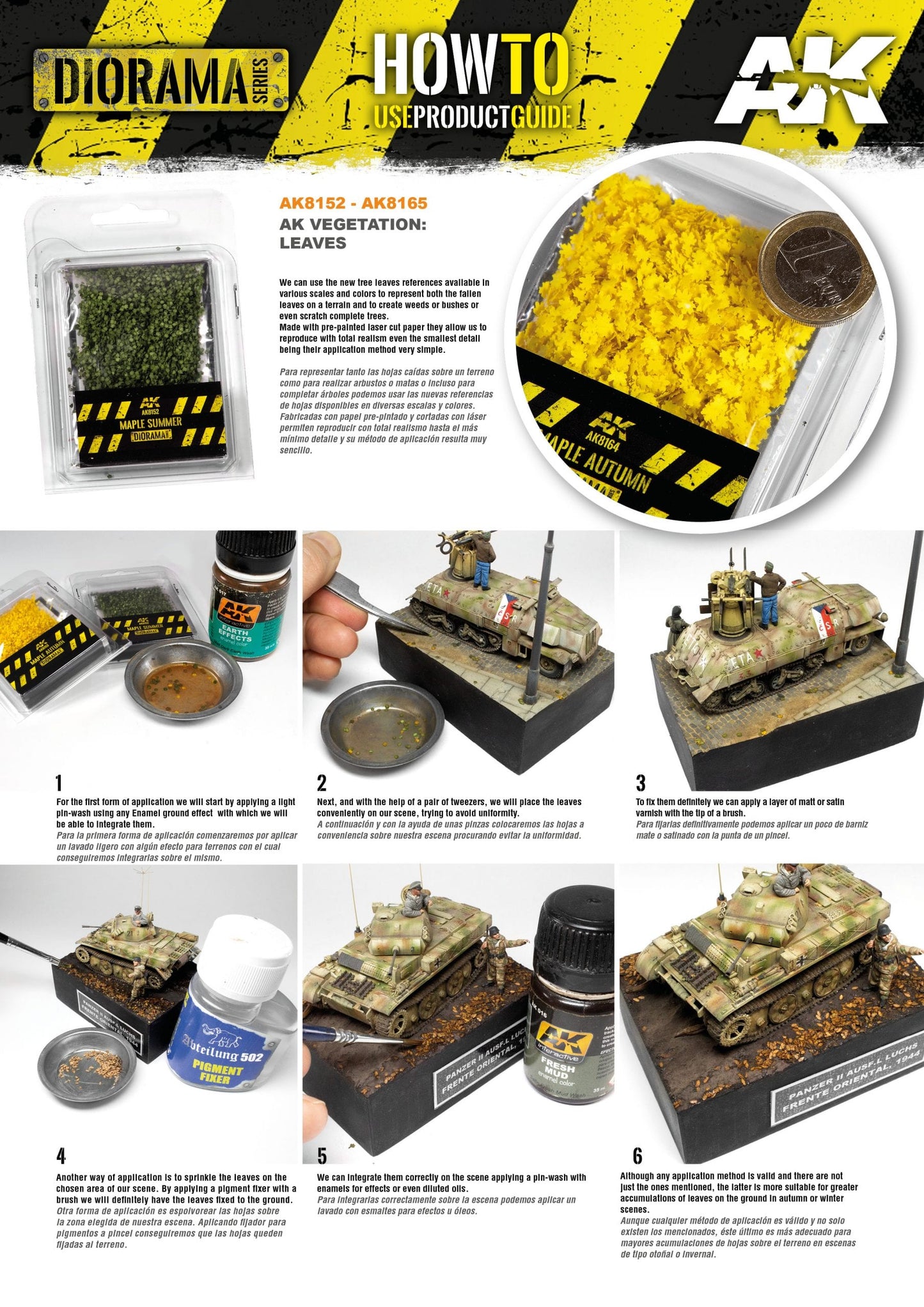 Guide demonstrating how to apply green and yellow model leaves to a miniature tank diorama for realistic vegetation