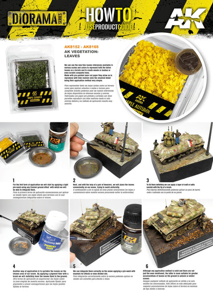 Guide demonstrating how to apply green and yellow model leaves to a miniature tank diorama for realistic vegetation