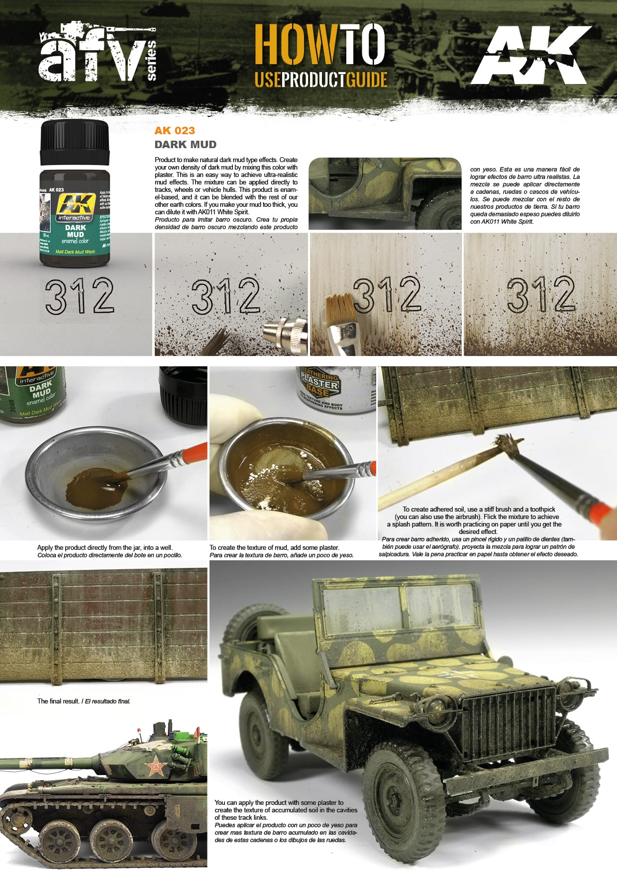 Guide for AK 023 Dark Mud, demonstrating its application on model vehicles like a jeep and tank for realistic weathering