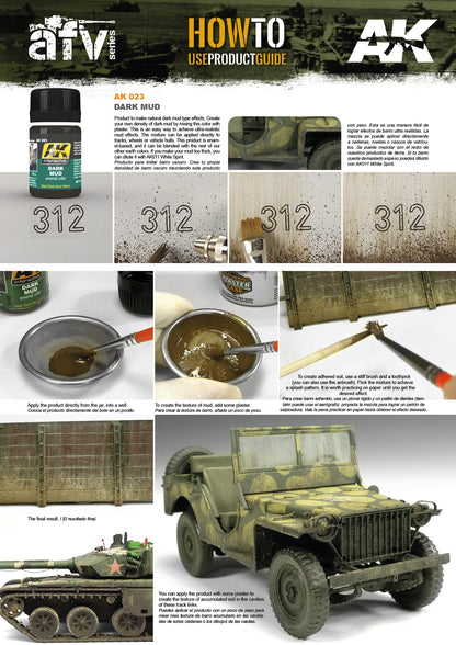 Guide for AK 023 Dark Mud, demonstrating its application on model vehicles like a jeep and tank for realistic weathering