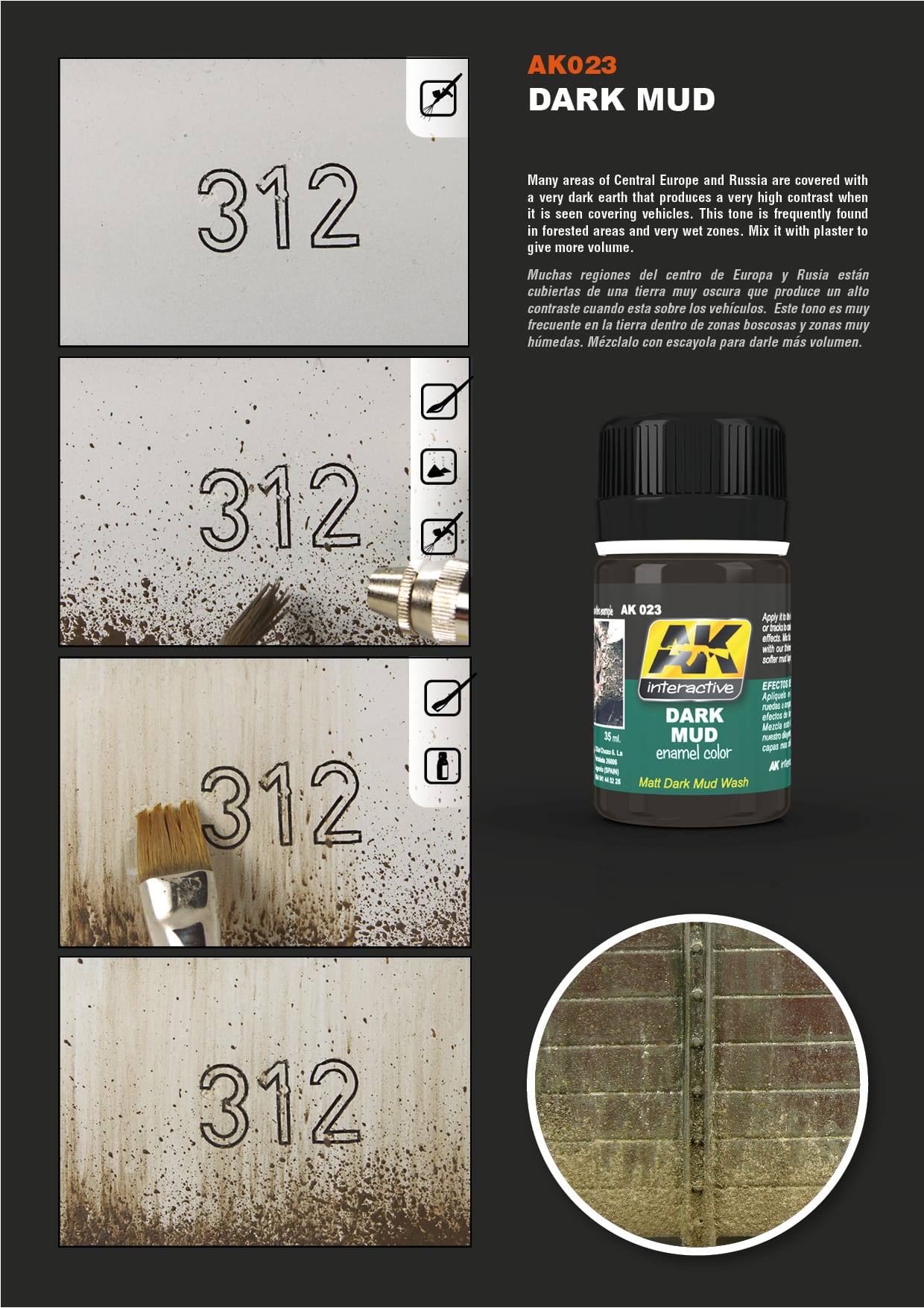 Step-by-step dark mud weathering applied to a '312' model surface. Includes paint bottle and weathered example